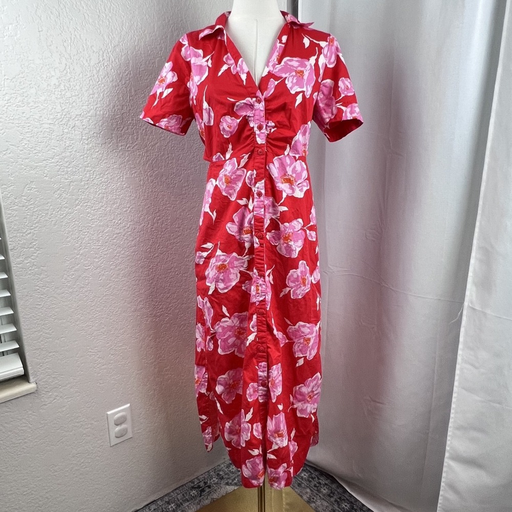 Old Navy Midi Dress Womens Small Red Pink Floral Cutout Cotton Vacation Romantic